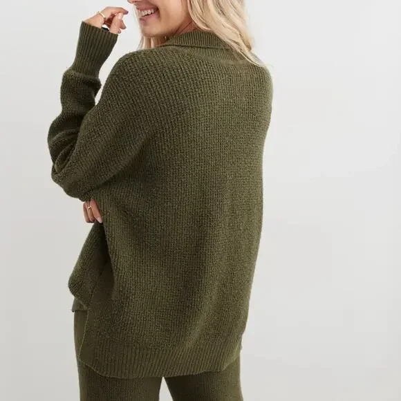 Aerie CozyUp Waffle Knit Polo Sweater Olive Green Size XL - Picture 2 of 7